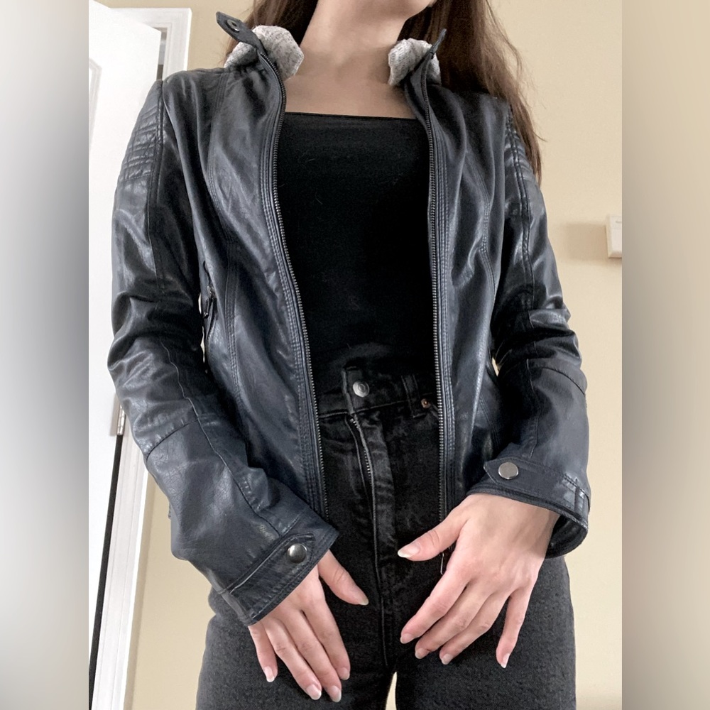 Faux black leather jacket with grey hood